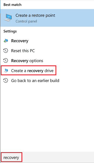 create recovery drive windows 10